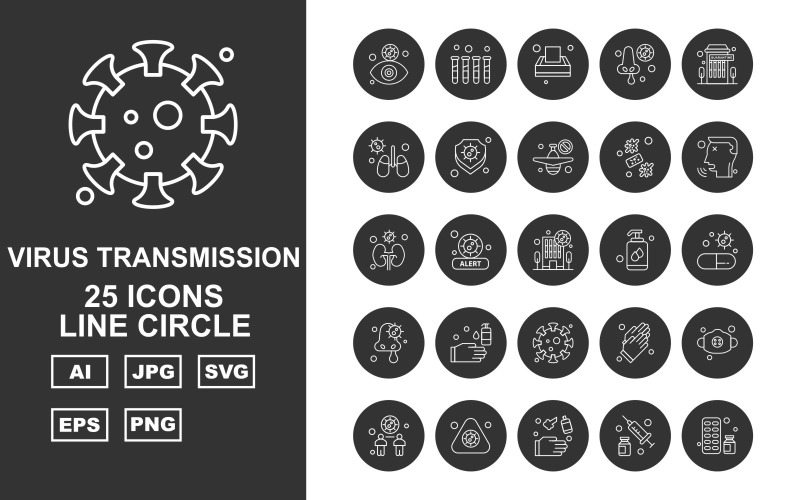 Download Набор иконок "25 Premium Virus Transmission Line Circle Iconset" / 25 Premium Virus Transmission Line Circle Iconset - Набор иконок на тему medical eye,health,alert,gloves,mask,distancing,injection,medicine,test tube,tissue,nose,building,kidney,shield,airplane,virus,patient,liquid,washing hand,coronavirus