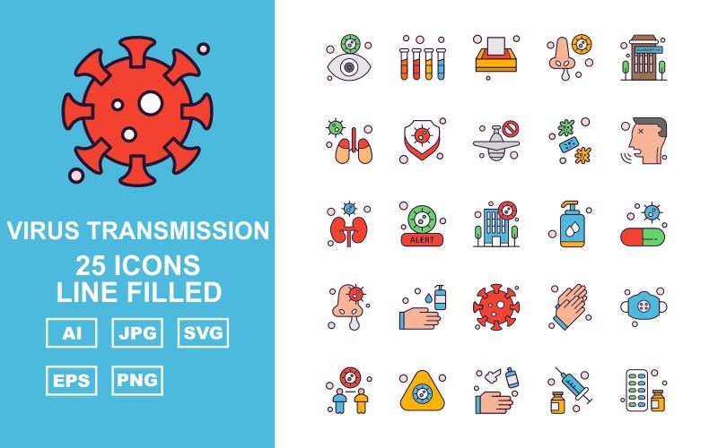 Download Набор иконок "25 Premium Virus Transmission Line Filled Iconset" / 25 Premium Virus Transmission Line Filled Iconset - Набор иконок на тему medical eye,health,alert,gloves,mask,distancing,injection,medicine,test tube,tissue,nose,building,kidney,shield,airplane,virus,patient,liquid,washing hand,coronavirus