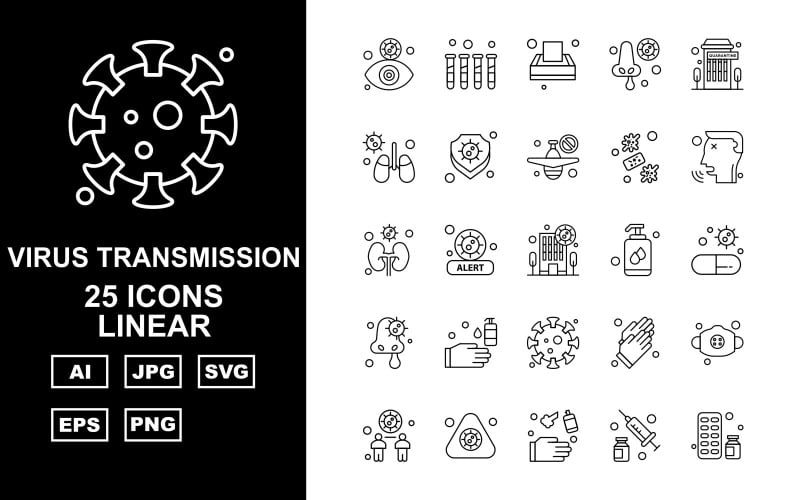 Download Набор иконок "25 Premium Virus Transmission Linear Iconset" / 25 Premium Virus Transmission Linear Iconset - Набор иконок на тему medical eye,health,alert,gloves,mask,distancing,injection,medicine,test tube,tissue,nose,building,kidney,shield,airplane,virus,patient,liquid,washing hand,coronavirus