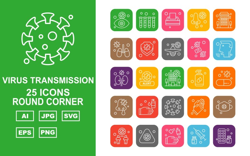 Download Набор иконок "25 Premium Virus Transmission Round Corner Iconset" / 25 Premium Virus Transmission Round Corner Iconset - Набор иконок на тему medical eye,health,alert,gloves,mask,distancing,injection,medicine,test tube,tissue,nose,building,kidney,shield,airplane,virus,patient,liquid,washing hand,coronavirus