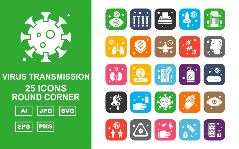 Download Набор иконок "25 Premium Virus Transmission Round Corner Iconset" / 25 Premium Virus Transmission Round Corner Iconset - Набор иконок на тему medical eye,health,alert,gloves,mask,distancing,injection,medicine,test tube,tissue,nose,building,kidney,shield,airplane,virus,patient,liquid,washing hand,coronavirus
