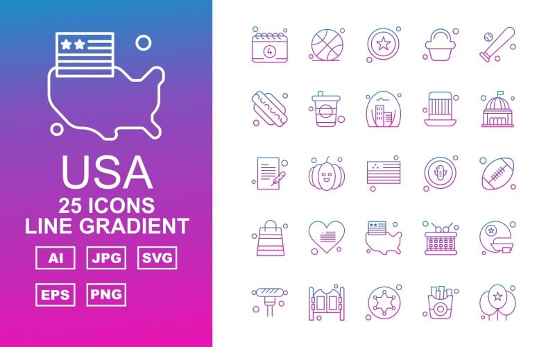 25 Premium zestaw ikon gradientu linii USA