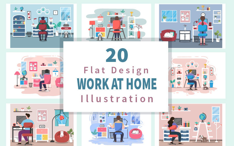 Download Иллюстрация "20 Work From Home Flat Design - Illustration" / 20 Work From Home Flat Design - Illustration - Иллюстрация на тему графика meeting,work,illustration,teamwork,studio,home,person,office,marketing,isolation,remotely,designer,student,coronavirus,quarantine,employee,service,computer,connection,flat