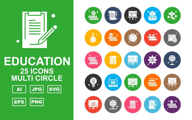 25 Zestaw ikon Premium Education Multi Circle