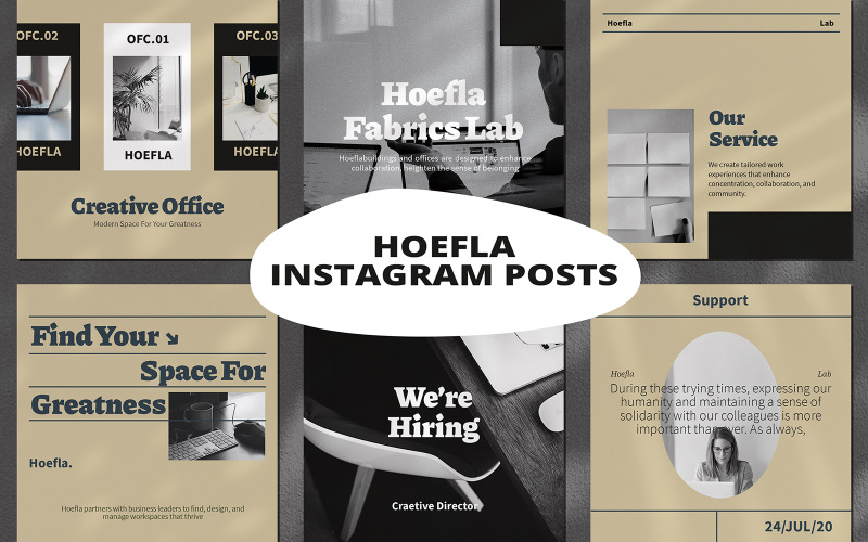 Download Шаблон для соцсетей "Hoefla Working Space -  Instagram Posts Social Media Template" / Hoefla Working Space -  Instagram Posts Social Media Template - Шаблон для соцсетей на тему графика working space,work from home,insgtagram,lab,studio,office,rent,info,rustic,creative,idea,theme
