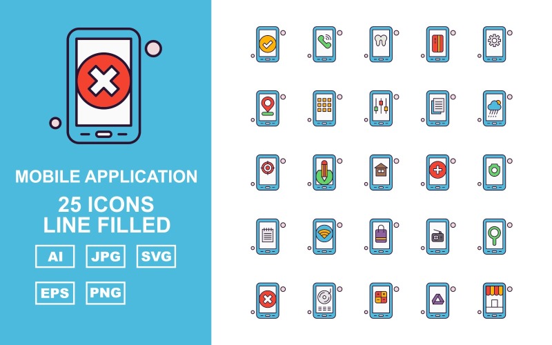 Download Набор иконок "25 Premium Mobile Application Line Filled Icon Pack Iconset" / 25 Premium Mobile Application Line Filled Icon Pack Iconset - Набор иконок на тему mobile tick,pencil,radio,location,cross,cd,calculate,google drive,shop,telephone,teeth,credit card,setting,menu,tunning,document,cloudy,target,house,add