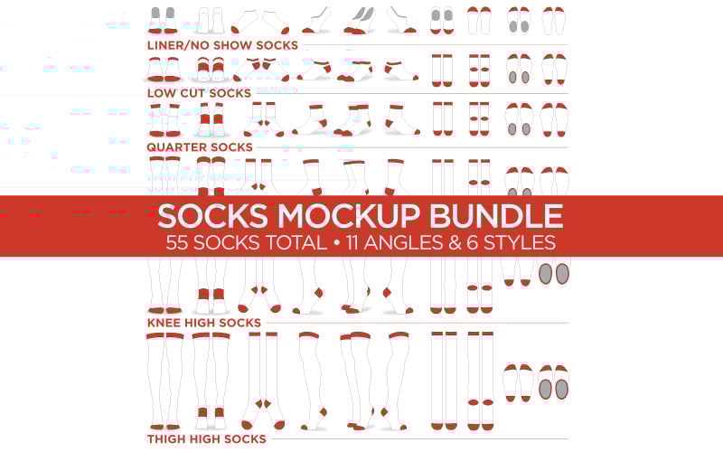 Download Мокап для продукта "Socks Bundle - Vector Template product mockup" / Socks Bundle - Vector Template product mockup - Мокап для продукта на тему графика socks bundle,mockups,templates,thigh high socks,knee high socks,low cut socks,quarter ankle socks,liner no show socks,crew socks,vectors,graphics,adobe illustrator,socks,apparel,eps,ai,svg,pd