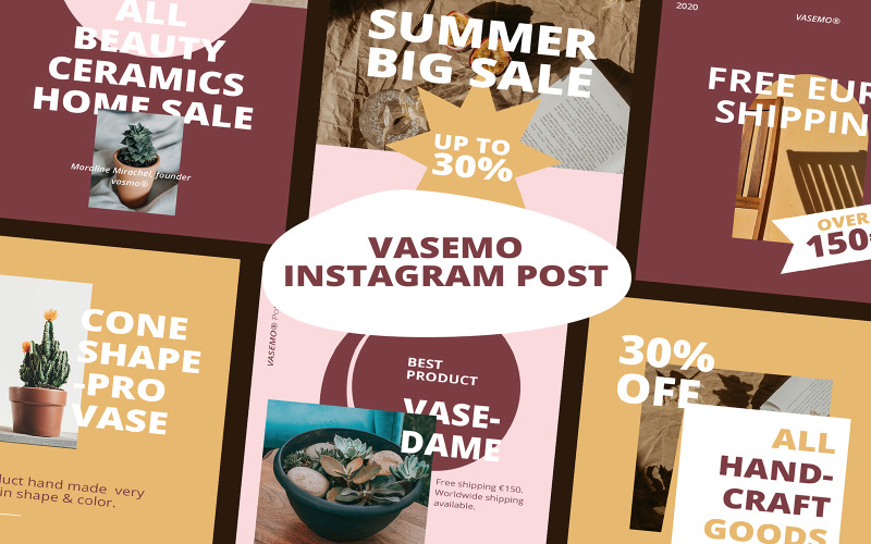 Download Шаблон для соцсетей "Vasemo Instagram Posts Social Media Template" / Vasemo Instagram Posts Social Media Template - Шаблон для соцсетей на тему графика flower,flower store,vase,vas,cactus,leaf,western,summer sale,big sale,beauty,home sale,pro vase