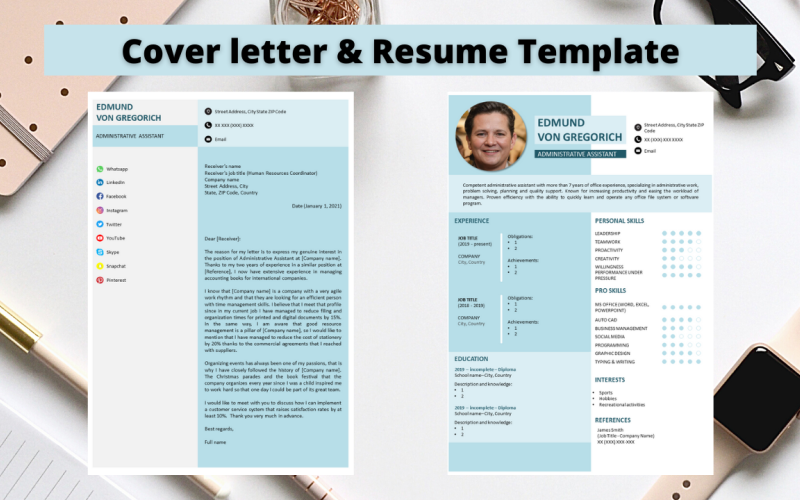 Download Резюме "Professional  No 09 - Elegant Sky Blue Resume Template" / Professional  No 09 - Elegant Sky Blue Resume Template - Резюме на тему графика resume template,professional resume,elegant resume,modern resume,docx,word,pptx,powerpoint,easy to edit,easy to print