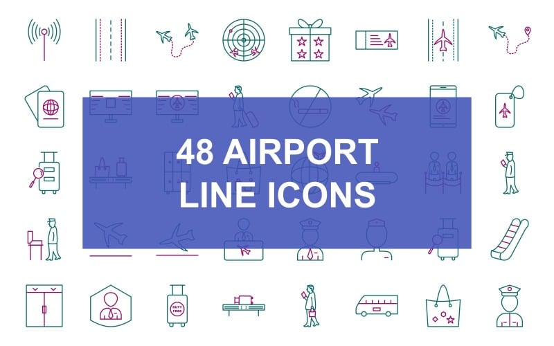 Download Набор иконок "48 Airport Line Two Color Iconset" / 48 Airport Line Two Color Iconset - Набор иконок на тему travel walking with luggage,waiting,vip passenger,ticket and passport,taxi stand,snacks,seats in plane,seat belt,runway,round travel flights,radar screen,presents,plane tickets,plane on runway,plane
