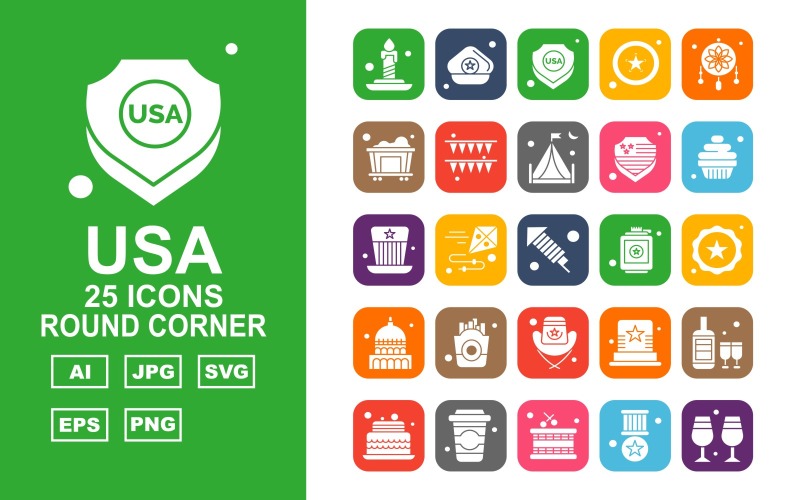 Conjunto de iconos de 25 Premium USA Round Corner Icon Pack