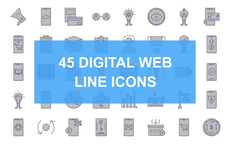 Download Набор иконок "45 Digital Web Line Filled Iconset" / 45 Digital Web Line Filled Iconset - Набор иконок на тему финансы digital marketing,research,video marketing,strategy,customer survey,special gift,seo,cloud storage,pay via card,social circle,innovation,vision,funding,secure transactions,web shop,atm servic
