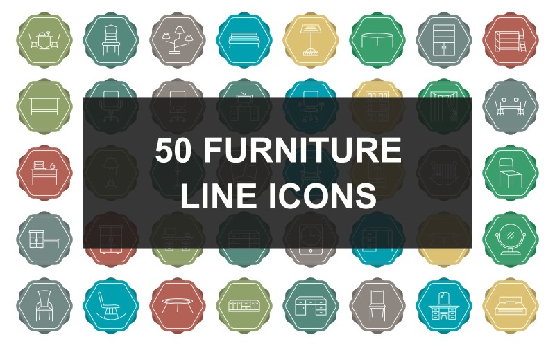 Download Набор иконок "50 Furniture Line Multicolor Background Iconset" / 50 Furniture Line Multicolor Background Iconset - Набор иконок на тему baby dinner table,television set,baby cot,rocking chair,lunch table,studying desk,office desk,tea table,conference table,conference room chair,lamps stand,bench,stand,stool,cupboard with shelves,b