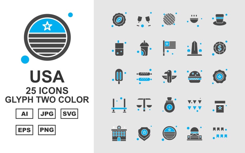 Pacote de ícones de duas cores com 25 Premium USA Glyph