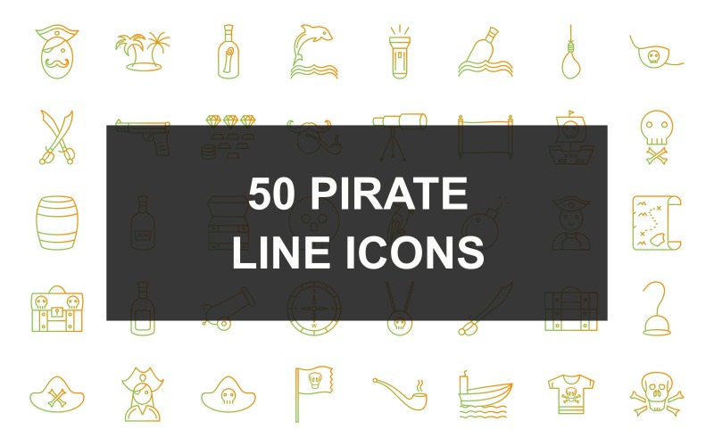Download Набор иконок "50 Pirate Line Gradient Iconset" / 50 Pirate Line Gradient Iconset - Набор иконок на тему military pirate in hat,pirate with smoking pipe,male pirate,female pirate,pirate bandana,life saving tube,telescope,cannon balls,castle,island,scroll in bottle,dolphin,torch,bottle in water,noose,eye 