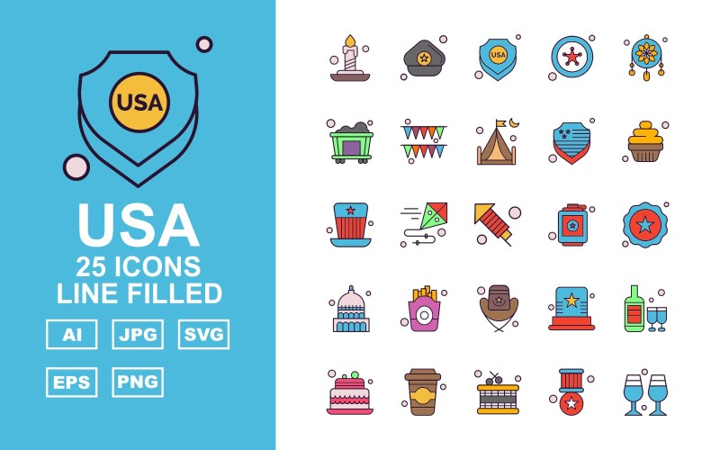 25 преміальних лінійних наповнених США Icon Pack Iconset