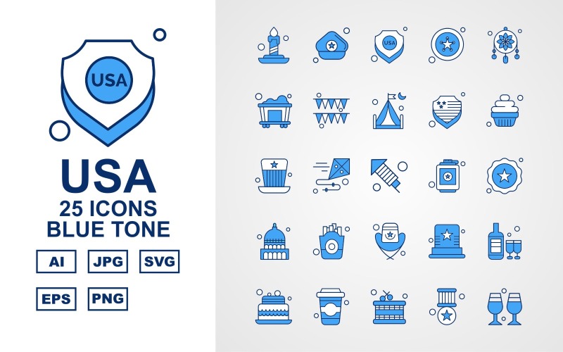 Download Набор иконок "25 Premium USA Blue Tone Icon Pack Iconset" / 25 Premium USA Blue Tone Icon Pack Iconset - Набор иконок на тему culture candle,kite,hat,wine bottles,cake,drink,drum,award,glass,cap,shield,star,adornment,railroad,celebration,camping,muffin,white house,frise,icon
