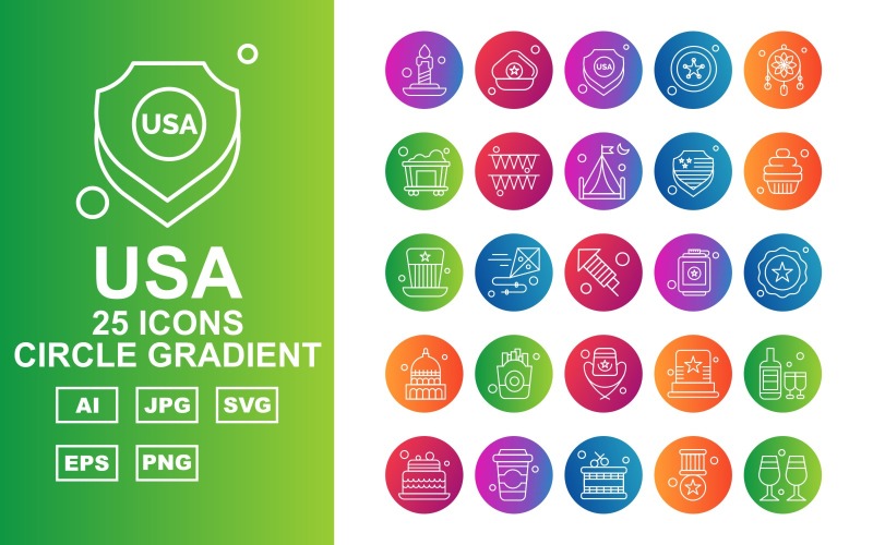 Download Набор иконок "25 Premium USA Circle Gradient Icon Pack Iconset" / 25 Premium USA Circle Gradient Icon Pack Iconset - Набор иконок на тему food candle,kite,hat,wine bottles,cake,drink,drum,award,glass,cap,shield,star,adornment,railroad,celebration,camping,muffin,white house,frise,icon