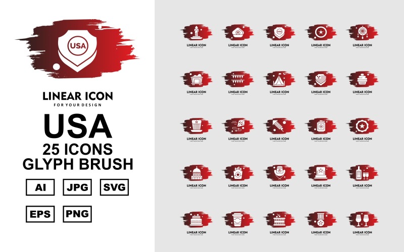 25 Premium USA Glyph Brush Icon Pack Ikonuppsättning