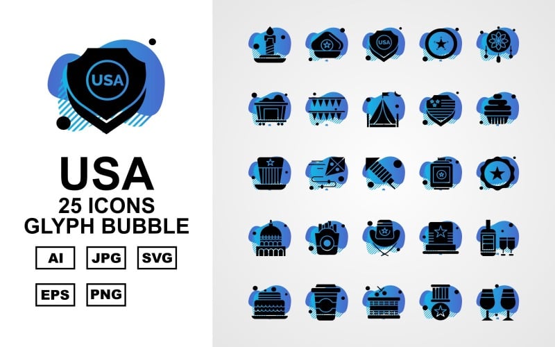 Download Набор иконок "25 Premium USA Glyph Bubble Icon Pack Iconset" / 25 Premium USA Glyph Bubble Icon Pack Iconset - Набор иконок на тему culture candle,kite,hat,wine bottles,cake,drink,drum,award,glass,cap,shield,star,adornment,railroad,celebration,camping,muffin,white house,frise,icon