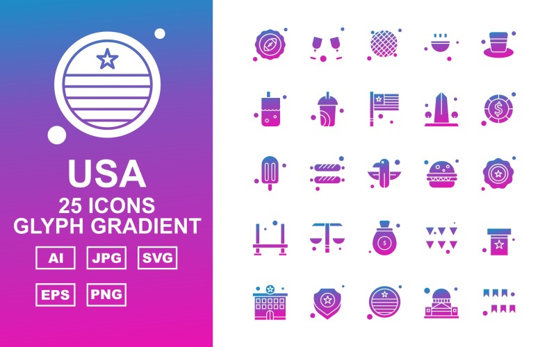 Download Набор иконок "25 Premium USA Glyph Gradient Icon Pack" / 25 Premium USA Glyph Gradient Icon Pack - Набор иконок на тему flags regby,chocolate,celebration,furniture,police station,shield,flag,white house,glass,grill,bar bee que,cap,bottle,coffee,buidling,coin,ice cream,eagle,burger,achievement