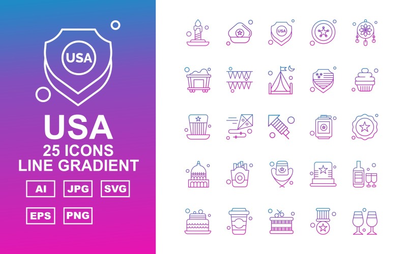 Download Набор иконок "25 Premium USA Line Gradient Icon Pack Iconset" / 25 Premium USA Line Gradient Icon Pack Iconset - Набор иконок на тему culture candle,kite,hat,wine bottles,cake,drink,drum,award,glass,cap,shield,star,adornment,railroad,celebration,camping,muffin,white house,frise,icon