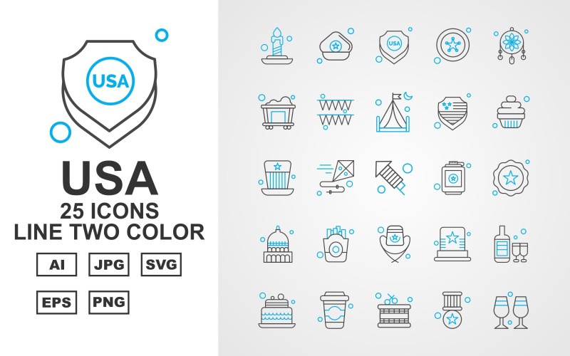 Download Набор иконок "25 Premium USA Line Two Color Icon Pack Iconset" / 25 Premium USA Line Two Color Icon Pack Iconset - Набор иконок на тему culture candle,kite,hat,wine bottles,cake,drink,drum,award,glass,cap,shield,star,adornment,railroad,celebration,camping,muffin,white house,frise,icon