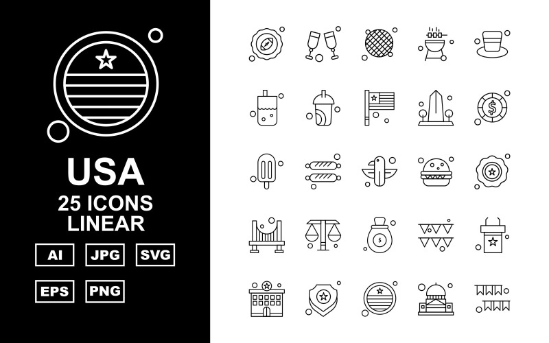 Download Набор иконок "25 Premium USA Linear Icon Pack" / 25 Premium USA Linear Icon Pack - Набор иконок на тему flags regby,chocolate,celebration,furniture,police station,shield,flag,white house,glass,grill,bar bee que,cap,bottle,coffee,buidling,coin,ice cream,eagle,burger,achievement