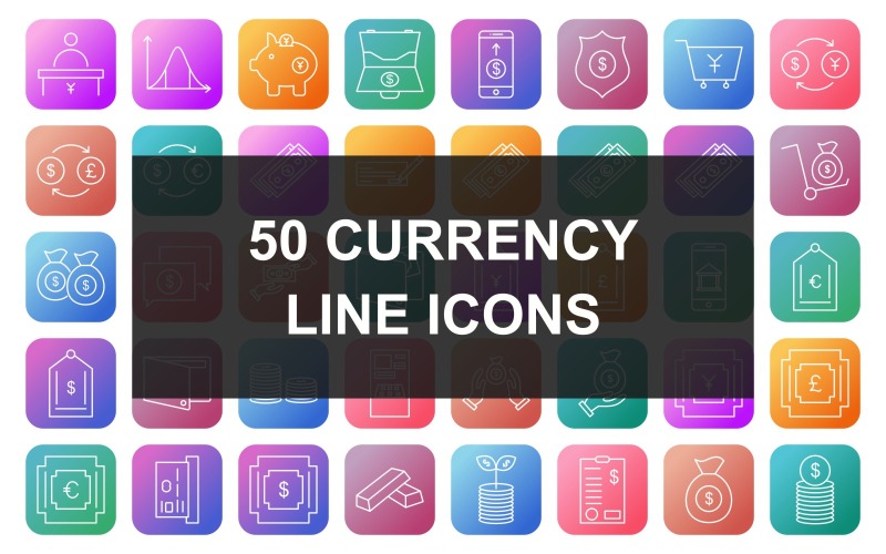 50 Symbolsatz für quadratische, runde Farbverlaufslinien für Währungen