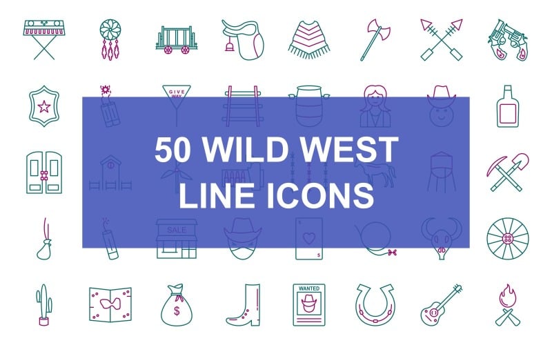 50 Wild West lijn twee kleuren Icon set