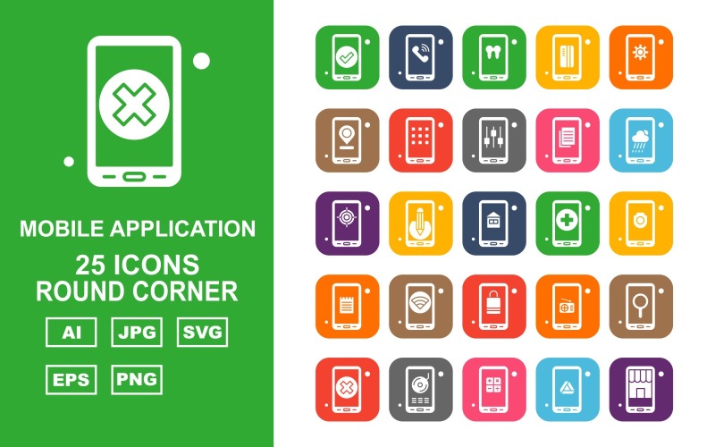 Paquete de iconos de esquina redonda de 25 aplicaciones móviles premium