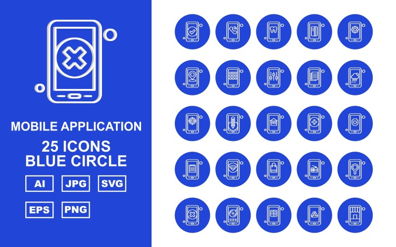 25 премиальных мобильных приложений Blue Circle Icon Pack