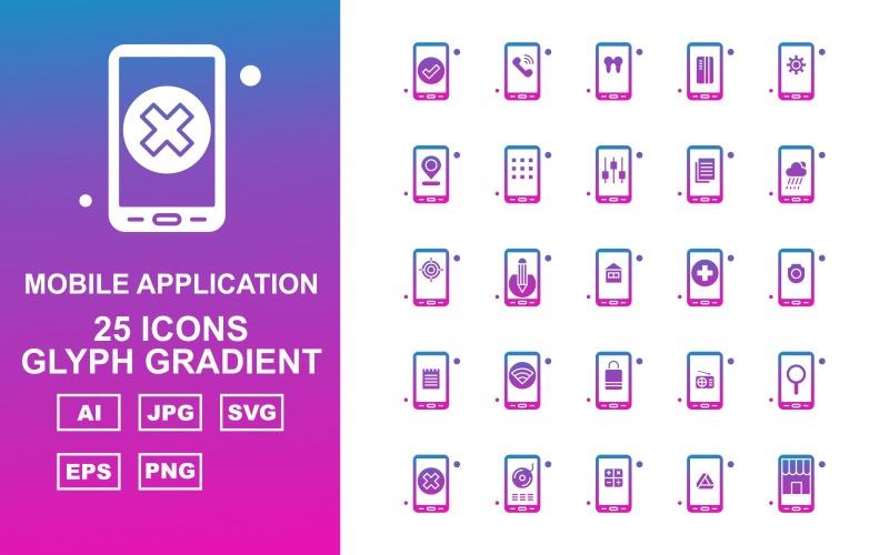 25 Premium Mobil Uygulama Glyph Gradient Simge Paketi