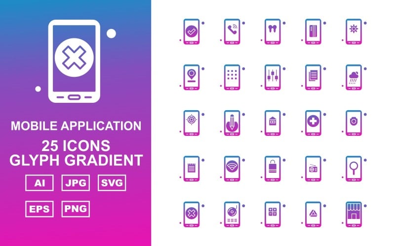 Download Набор иконок "25 Premium Mobile Application Glyph Gradient Icon Pack" / 25 Premium Mobile Application Glyph Gradient Icon Pack - Набор иконок на тему mobile tick,pencil,radio,location,cross,cd,calculate,google drive,shop,telephone,teeth,credit card,setting,menu,tunning,document,cloudy,target,house,add