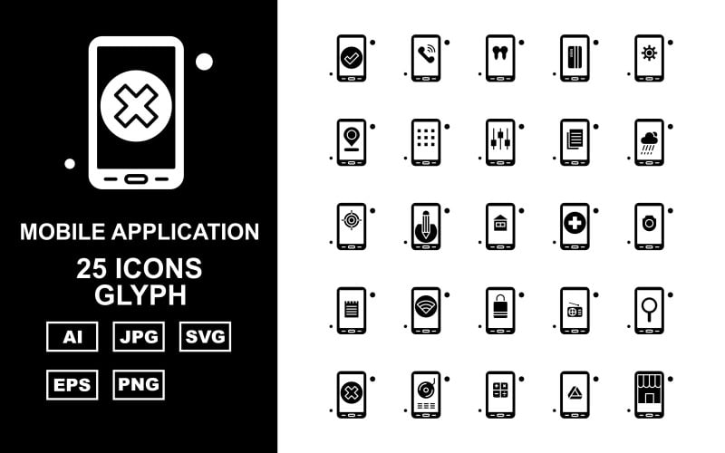 Download Набор иконок "25 Premium Mobile Application Glyph Icon Pack" / 25 Premium Mobile Application Glyph Icon Pack - Набор иконок на тему mobile tick,pencil,radio,location,cross,cd,calculate,google drive,shop,telephone,teeth,credit card,setting,menu,tunning,document,cloudy,target,house,add