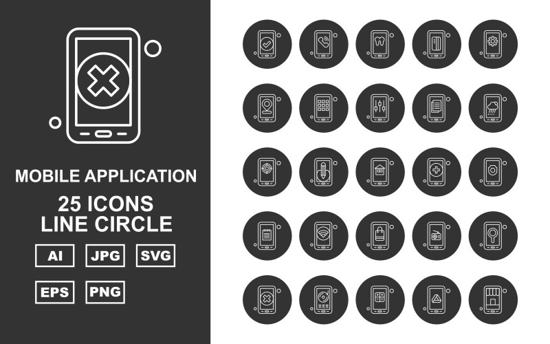 Download Набор иконок "25 Premium Mobile Application Line Circle Icon Pack Iconset" / 25 Premium Mobile Application Line Circle Icon Pack Iconset - Набор иконок на тему mobile tick,pencil,radio,location,cross,cd,calculate,google drive,shop,telephone,teeth,credit card,setting,menu,tunning,document,cloudy,target,house,add