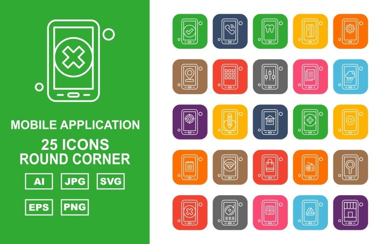 Download Набор иконок "25 Premium Mobile Application Round Corner Icon Pack" / 25 Premium Mobile Application Round Corner Icon Pack - Набор иконок на тему mobile tick,pencil,radio,location,cross,cd,calculate,google drive,shop,telephone,teeth,credit card,setting,menu,tunning,document,cloudy,target,house,add