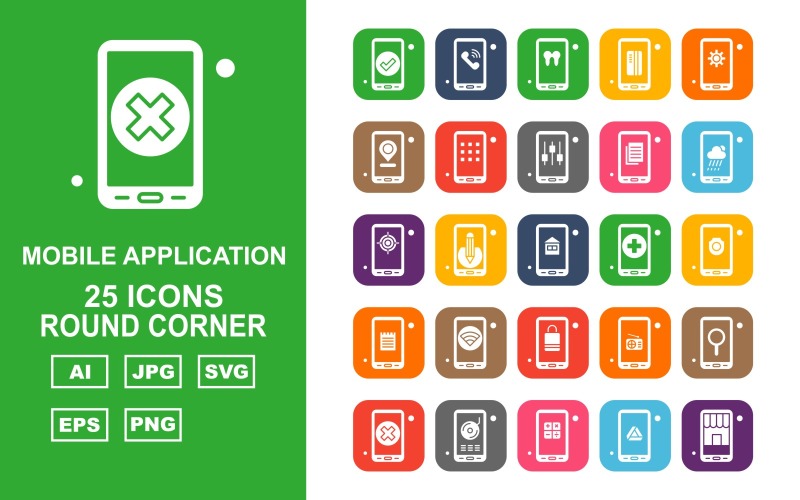 Download Набор иконок "25 Premium Mobile Application Round Corner Icon Pack" / 25 Premium Mobile Application Round Corner Icon Pack - Набор иконок на тему mobile tick,pencil,radio,location,cross,cd,calculate,google drive,shop,telephone,teeth,credit card,setting,menu,tunning,document,cloudy,target,house,add
