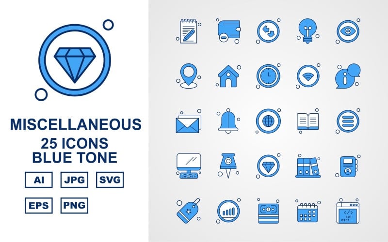 Download Набор иконок "25 Premium Miscellaneous Blue Tone Icon Pack" / 25 Premium Miscellaneous Blue Tone Icon Pack - Набор иконок на тему computer notebook,bell,files,profile,tag,graph,dollar,calendar,website,wallet,puzzle,bulb,eye,location,home,clock,wifi,information,email,earth