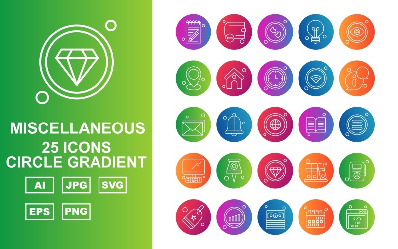 Download Набор иконок "25 Premium Miscellaneous Circle Gradient Icon Pack" / 25 Premium Miscellaneous Circle Gradient Icon Pack - Набор иконок на тему computer notebook,bell,files,profile,tag,graph,dollar,calendar,website,wallet,puzzle,bulb,eye,location,home,clock,wifi,information,email,earth