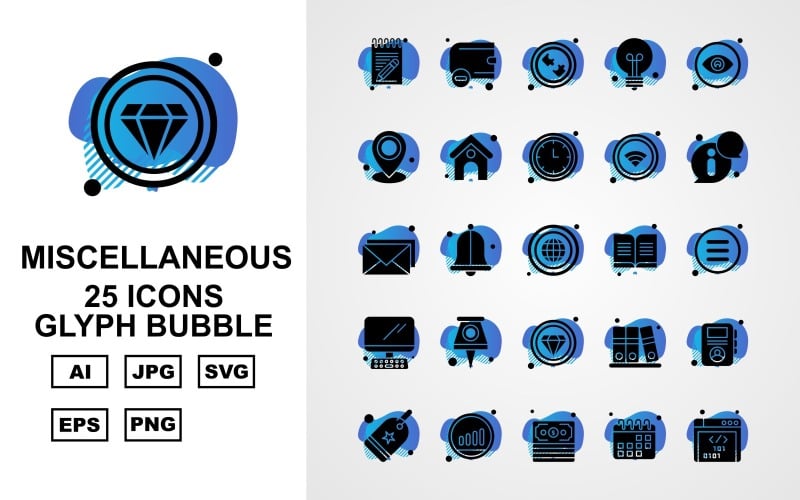 Download Набор иконок "25 Premium Miscellaneous Glyph Bubble Icon Pack" / 25 Premium Miscellaneous Glyph Bubble Icon Pack - Набор иконок на тему computer notebook,bell,files,profile,tag,graph,dollar,calendar,website,wallet,puzzle,bulb,eye,location,home,clock,wifi,information,email,earth