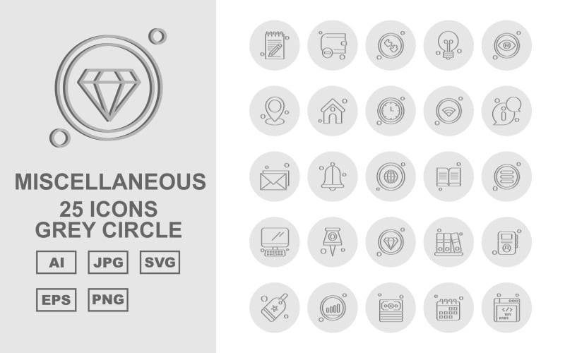 Download Набор иконок "25 Premium Miscellaneous Grey Circle Icon Pack" / 25 Premium Miscellaneous Grey Circle Icon Pack - Набор иконок на тему computer notebook,bell,files,profile,tag,graph,dollar,calendar,website,wallet,puzzle,bulb,eye,location,home,clock,wifi,information,email,earth