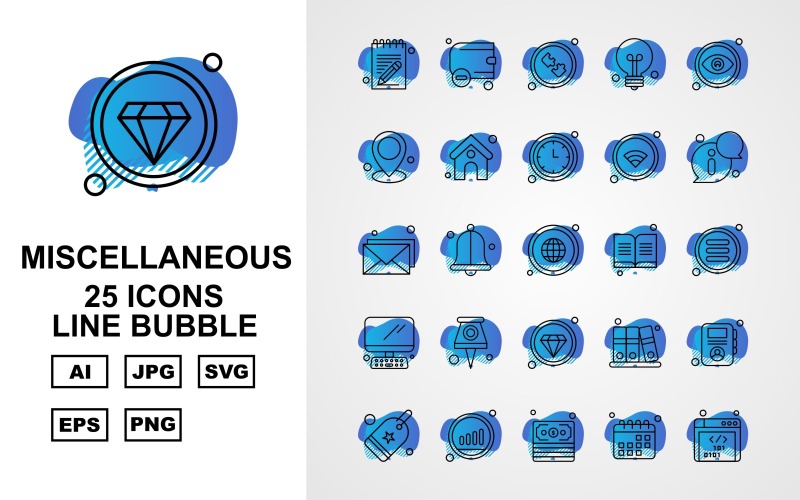 Download Набор иконок "25 Premium Miscellaneous Line Bubble Icon Pack" / 25 Premium Miscellaneous Line Bubble Icon Pack - Набор иконок на тему computer notebook,bell,files,profile,tag,graph,dollar,calendar,website,wallet,puzzle,bulb,eye,location,home,clock,wifi,information,email,earth
