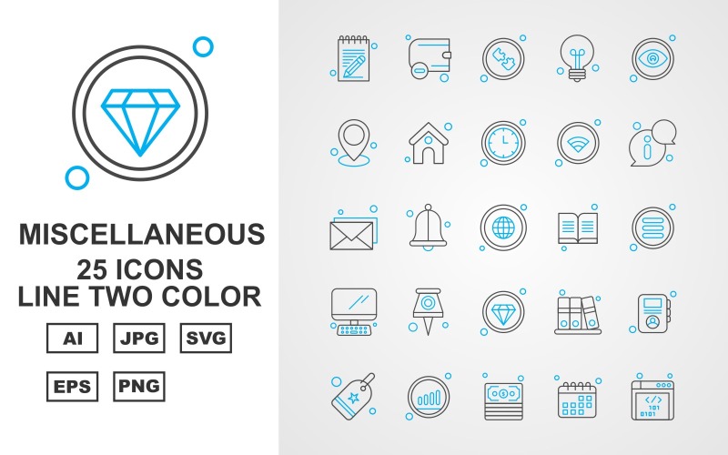 Download Набор иконок "25 Premium Miscellaneous Line Two Color Icon Pack" / 25 Premium Miscellaneous Line Two Color Icon Pack - Набор иконок на тему computer notebook,bell,files,profile,tag,graph,dollar,calendar,website,wallet,puzzle,bulb,eye,location,home,clock,wifi,information,email,earth