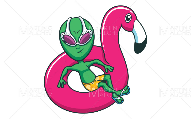 Alien auf Flamingo-Schwimmring