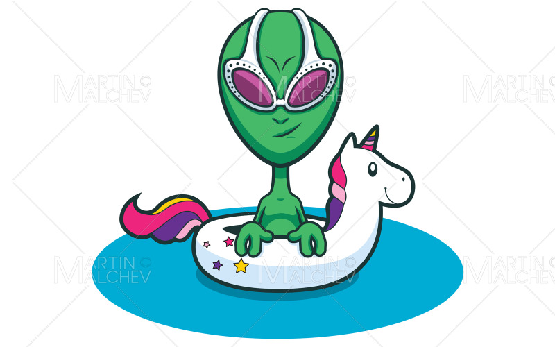 Download Иллюстрация "Alien Swimming with Inflatable Unicorn" / Alien Swimming with Inflatable Unicorn - Иллюстрация на тему графика alien,face,portrait,head,avatar,ufo,martian,extraterrestrial,character,funny,smiling,happy,full length,vacation,unicorn,swim ring,inflatable,rubber,swimming,pool