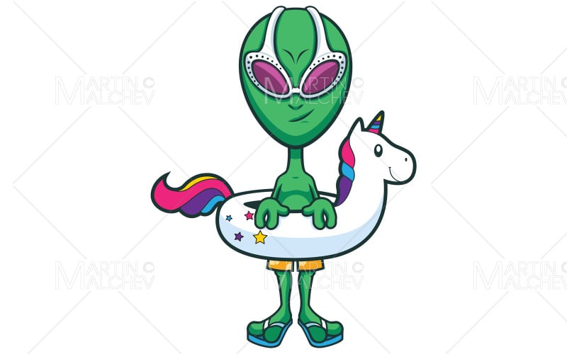 Download Иллюстрация "Alien Unicorn Swim Ring" / Alien Unicorn Swim Ring - Иллюстрация на тему графика alien,face,portrait,head,avatar,ufo,martian,extraterrestrial,character,funny,smiling,happy,full length,vacation,unicorn,swim ring,inflatable,rubber,swimming,pool
