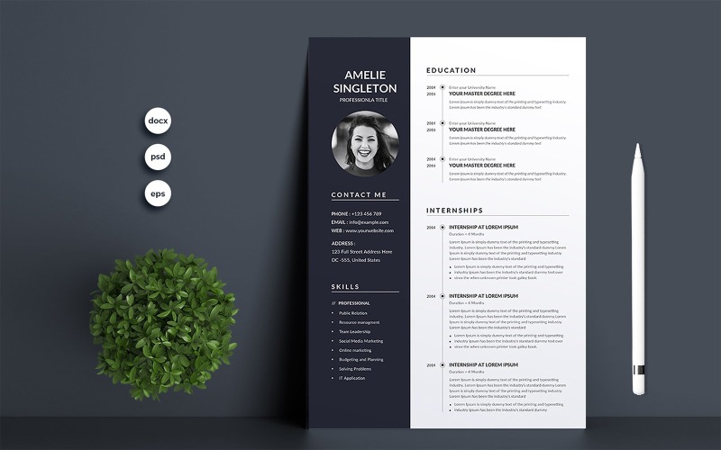 Download Резюме "Amelie Singleton Premium Resume Template" / Amelie Singleton Premium Resume Template - Резюме на тему графика 1 page resume,2 page resume,a4,blue,clean resume,clean,cover letter,creative,cv template,cv,design,document,infographic,microsoft word,minimalist,modern resume,modern,photoshop,portfolio,prof