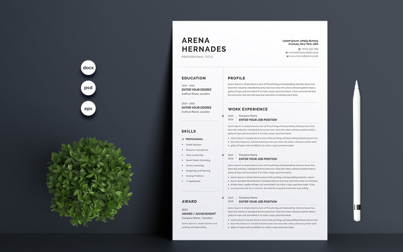 Download Резюме "Arena Hernades Resume Template" / Arena Hernades Resume Template - Резюме на тему графика 1 page resume,2 page resume,a4,blue,clean resume,clean,cover letter,creative,cv template,cv,design,document,infographic,microsoft word,minimalist,modern resume,modern,photoshop,portfolio,prof
