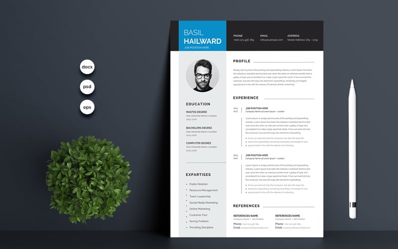 Download Резюме "Basil  Printable Resume Templates" / Basil  Printable Resume Templates - Резюме на тему графика 1 page resume,2 page resume,a4,blue,clean resume,clean,cover letter,creative,cv template,cv,design,document,infographic,microsoft word,minimalist,modern resume,modern,photoshop,portfolio,prof